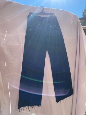 Black Wide-Leg, Stitch Detailed, Distressed Hem Jeans. Motorcycle Denim Jeans.